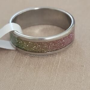 Size 10.5 (20mm) Rainbow Glitter Stainless Steel silver ring
